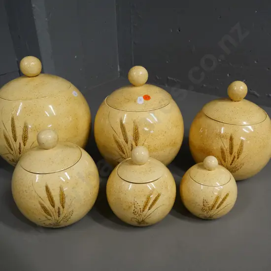 set of 6 Arnels graduated lidded kitchen storage jars - tallest is H-260