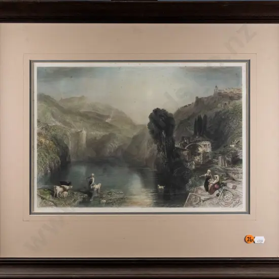 framed reproduction historic print - lake scene some foxing - H-230 W-340