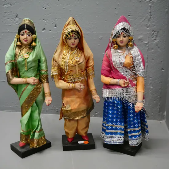 3 painted clay display dolls in traditional Indian costume - each H-360