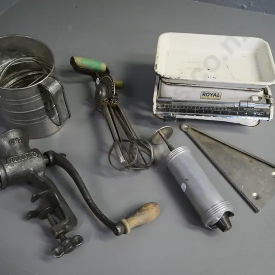 assorted vintage kitchenalia including Beatrice hand mincer, Swift-Whip beater, Royal scales, etc - wear and tear