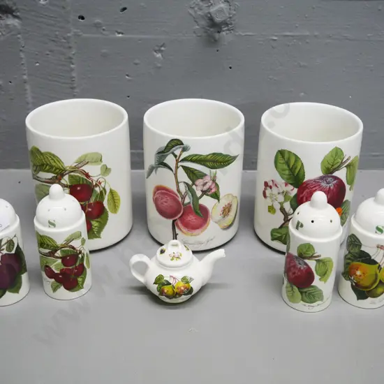 Portmeirion Pomona items: 3 open-top pots H-130, 2 salt & pepper sets, miniature teapot