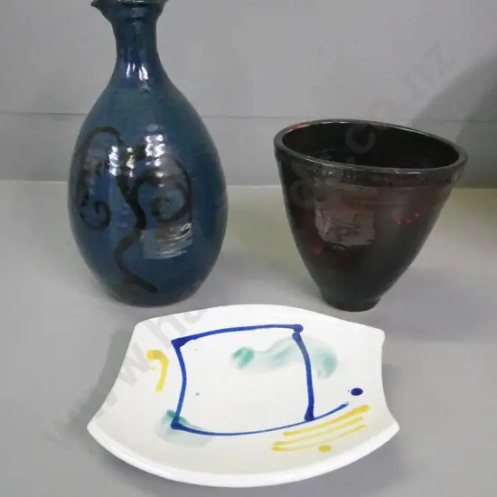 studio pottery vase, dish, lidded jug H-330