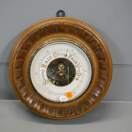 vintage wood-cased wall barometer - some tarnishing to brass surround - diameter 230
