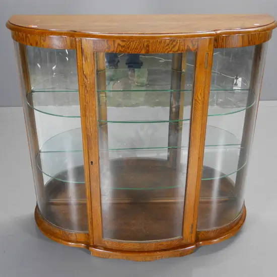 deco oak bow-front china cabinet with mirrored back, 2 glass shelves, no key H960 W1000 D380