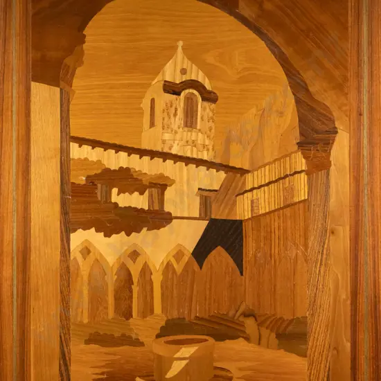 large mixed timber inlay Italian souvenir wall plaque H-600 W-415