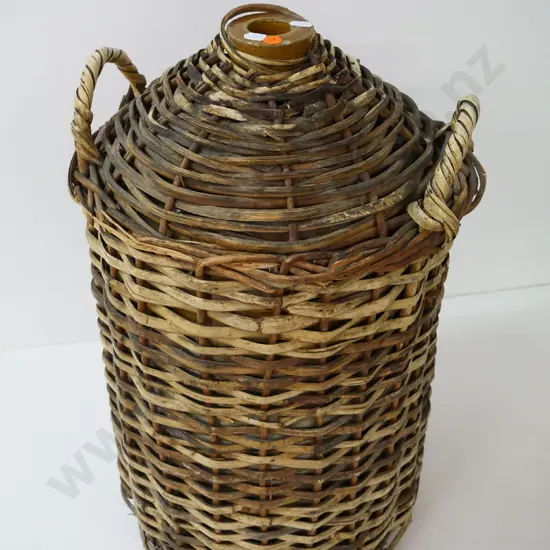 stoneware narrow-mouth crock in full cane cover with handles - some chips to rim H-540