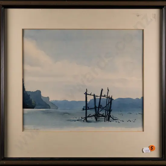 framed Barbara Wardel 1983 watercolour - seabirds on piles H-235 W-280