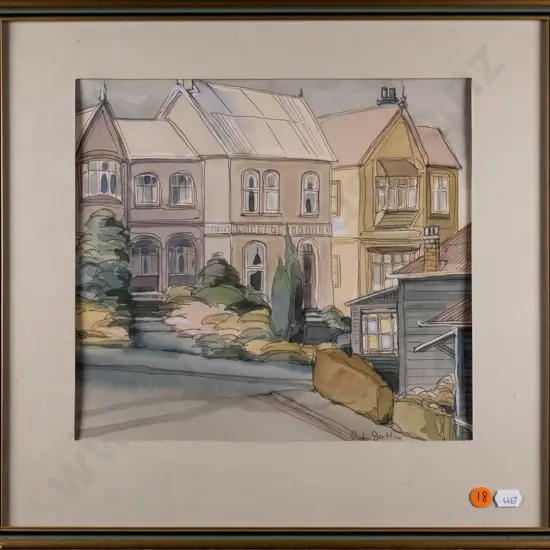 Colin Jolly? - framed ink and watercolour - houses H-240 W-270