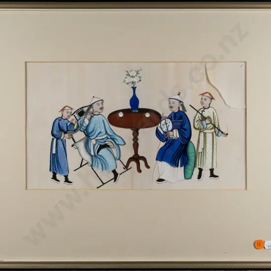 framed oriental watercolour - men around table (rips to paper) H-180 W-310