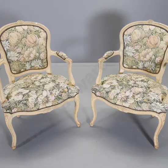 pair of French style occasional chairs with washed finish, studded floral tapestry upholstery (some wear) H860 W590 D500