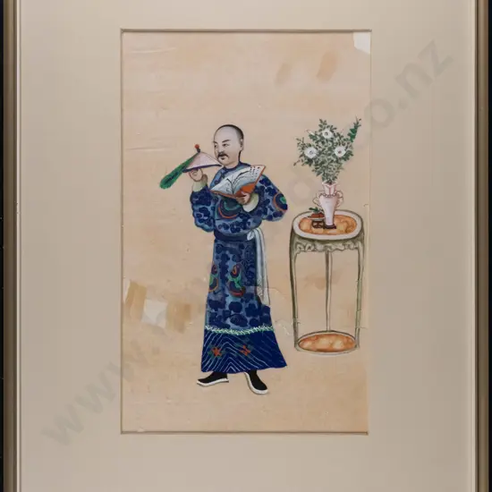 framed oriental watercolour - man holding hat and fan (some damage) H-280 W-170