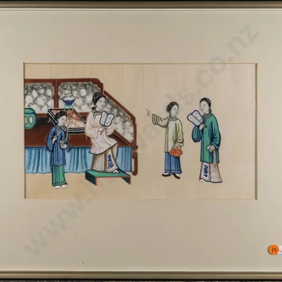 framed oriental watercolour - ladies (very slight ripping to paper) H-180 W-320