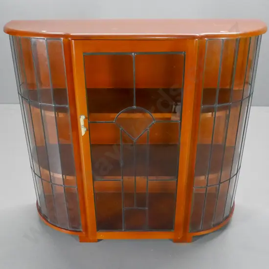 deco mahogany bow-front china cabinet - single leadlight door w/original bakelite handle H-980 W-1080 D-360