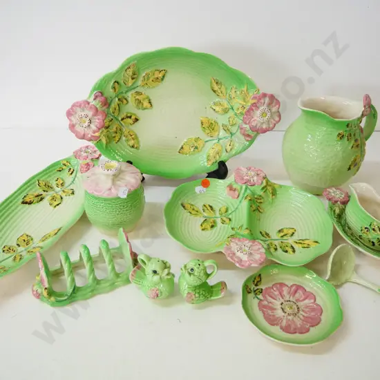 various Shorter & Sons green and pink rose tableware items including 4 dishes, jug, toast rack, condiment set, jam pot