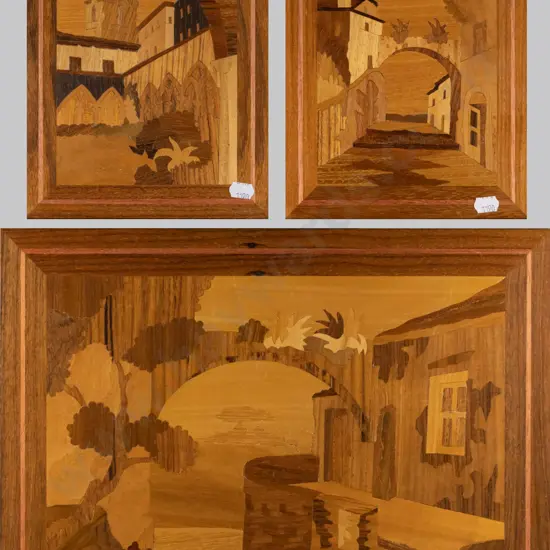 3 mixed timber inlay Italian souvenir wall plaques, largest is H-300 W-400