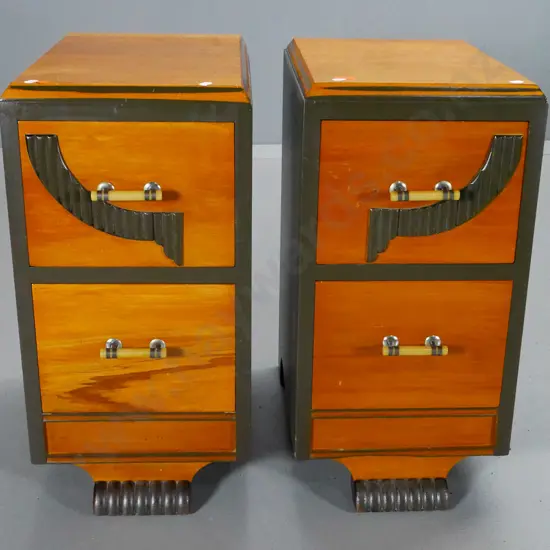 pair of 2-tone deco 2-drawer bedside cabinets w/bakelite handles - one has trim piece added H610 W300 D420