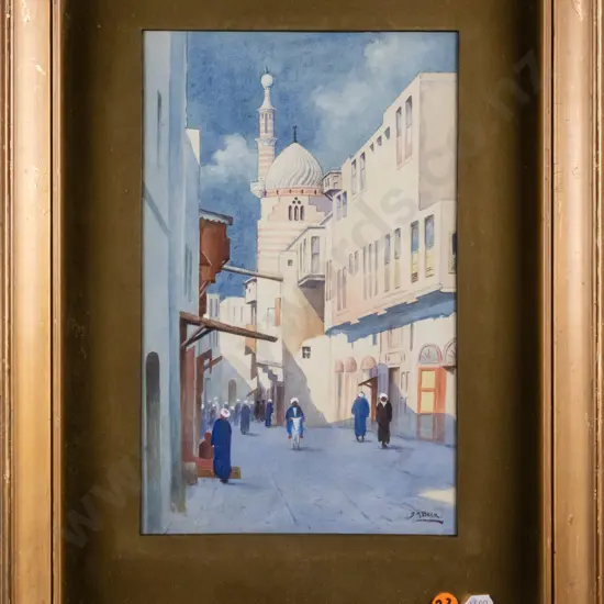 gilt framed watercolour - Middle  Eastern scene H-270 W-170 (frame in poor condition)