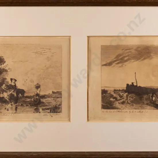 framed vintage etchings - "Returning from Market" "The old pier at Littlehampton' Each H-110 W-150
