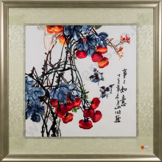 framed oriental needlework - birds and flowers