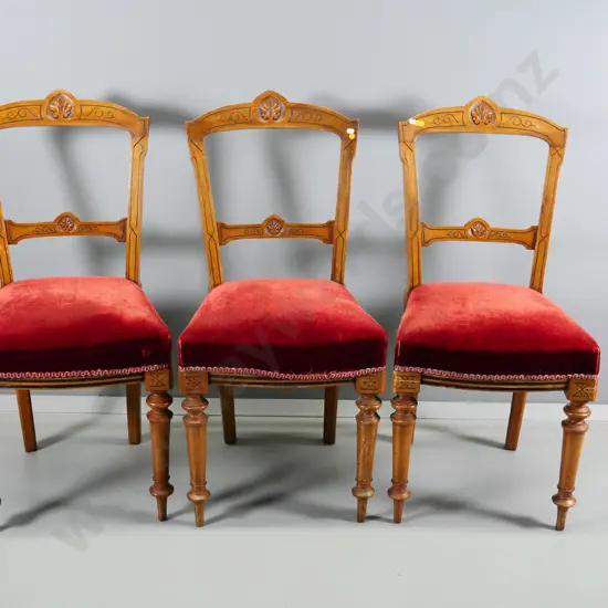 3 vintage walnut carved-back dining chairs w/red velvet upholstered seats, some movement in joints H930 W420 D460