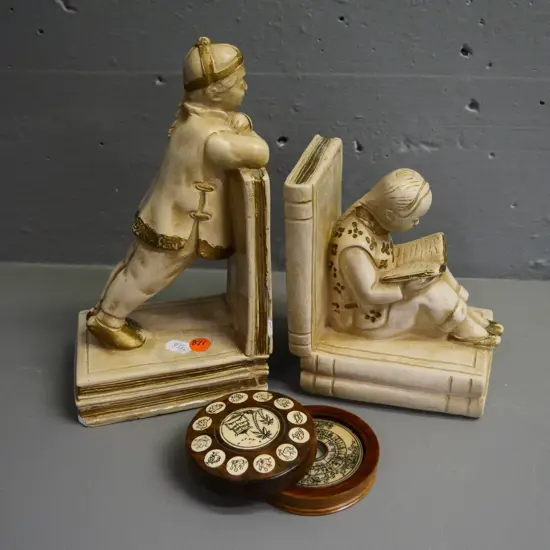pair of plaster or composite Chinese theme book-ends, minor chips, and reproduction inlaid bone & wood compass in case