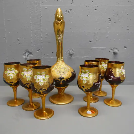 hand painted Venetian decanter and 8 glasses