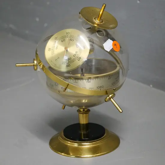 Sputnik shaped brass finish metal and plastic desk thermometer-barometer - made in Germany H-230