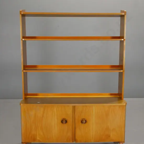 mid-century solid timber display cabinet w/2 cupboard doors, open back shelves H-1200 W-860 D260
