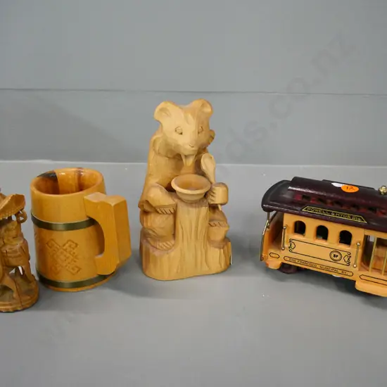 4 pieces of wooden souvenir ware - San Francisco musical cable car, Indian elephant, Russian bear, mug