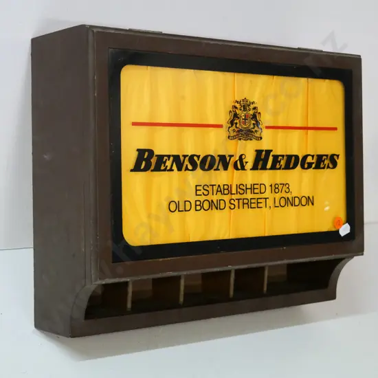 Benson & Hedges cigarette display dispenser - MDF w/printed glass insert in hinged lid H-295 W-370 D-120