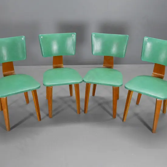set of 4 mid-century laminated timber vinyl upholstered dining chairs - some marks to polish H860 W430 D500