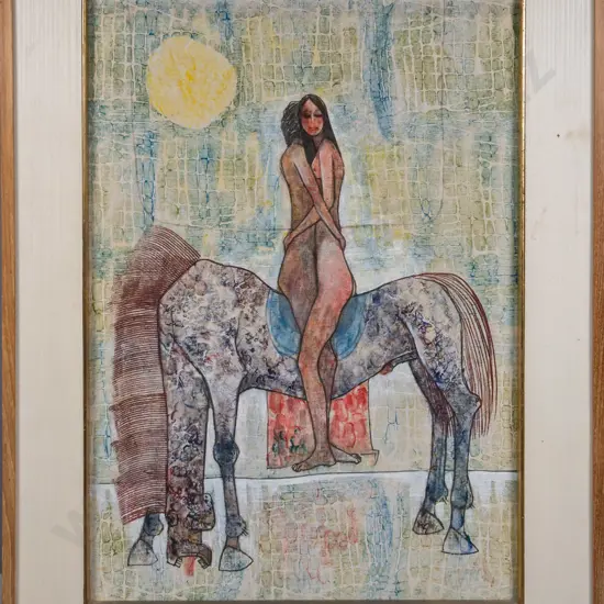 framed mixed media - 2 people on horse back H-620 W-430