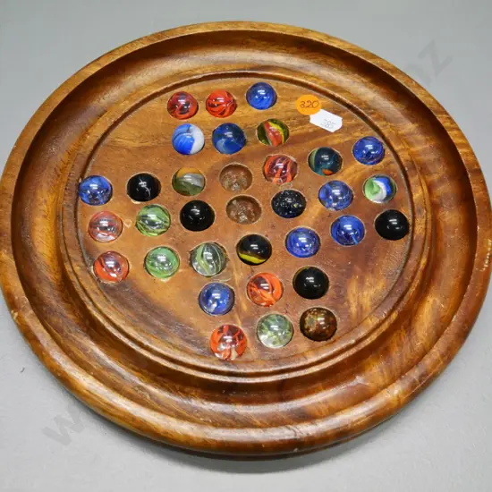 vintage carved wood game board with assorted colour marbles - Diameter 250