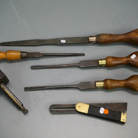 6 vintage wood, brass and metal hand tools, largest is L-550. 2 marked Marples
