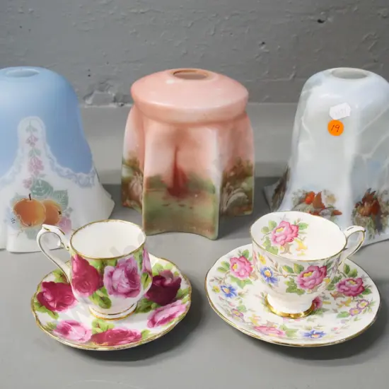 3 vintage glass light shades and 2 coffee cups & saucers - Royal Stafford floral and Royal Albert Old English Rose