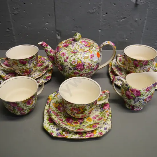part Royal Winton Summertime all-over-floral tea set - 3-cup teapot, 3 trios, extra cup, cream