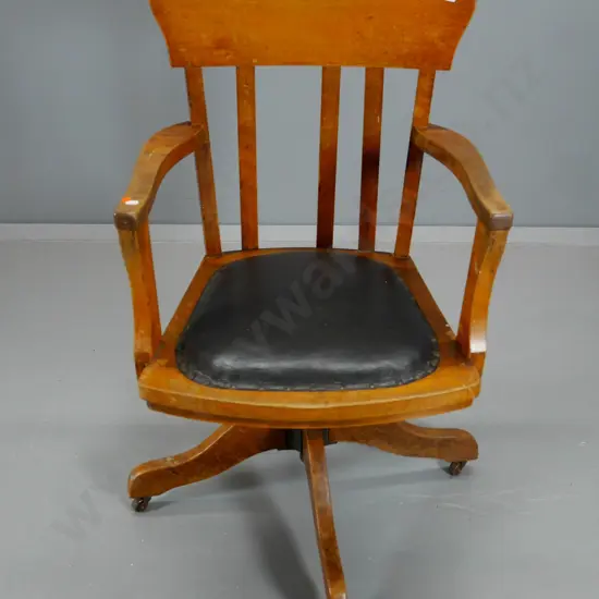 vintage timber framed swivel & tilt office chair on casters, w/leatherette seat, missing one slat H950 W560 D470