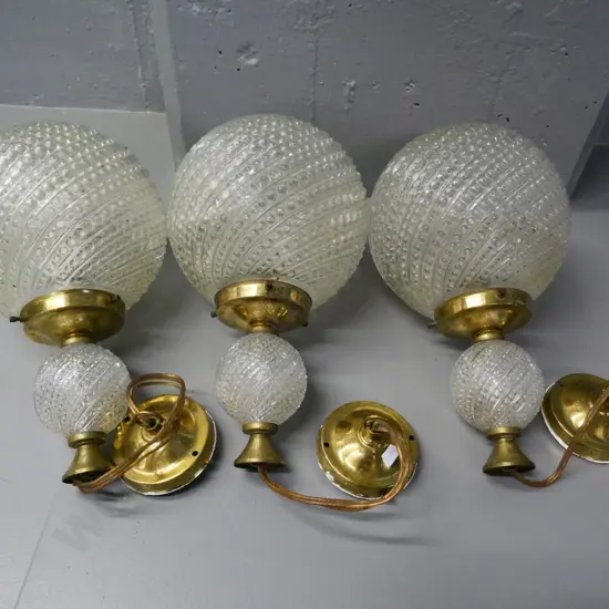 3 matching brass and textured glass globe hanging light fittings H-330 Diameter 200