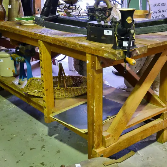 vintage very large heavy duty work bench with attached vise, extensive wear to top H-875 W-2110 D-760
