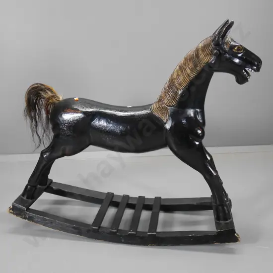 vintage carved wood black and gilt painted rocking horse with horsehair tail H900 L930 W340