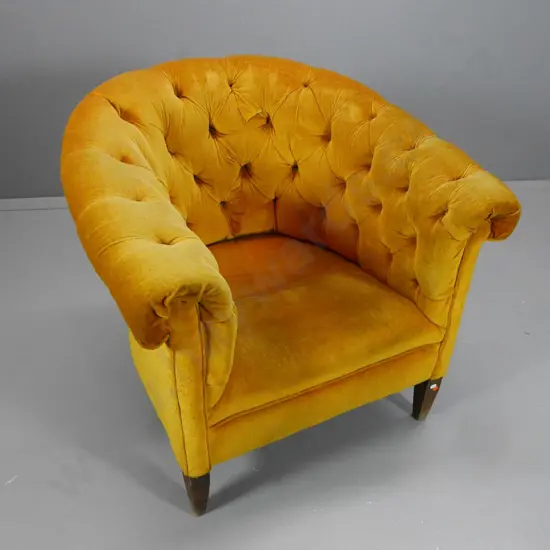 vintage deep-button velvet upholstered tub chair - seat & springs need work H760 W810 D750