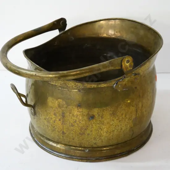 brass coal scuttle - marked Lombard, England on base, has had soldered repair. H-210 w/handle down