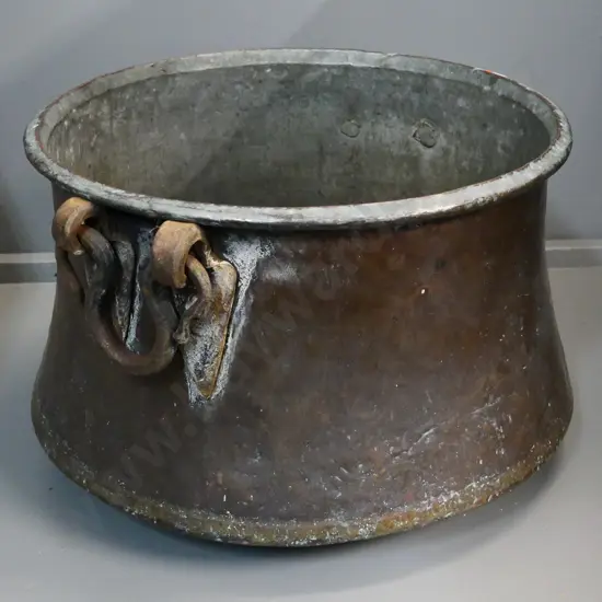 large beaten copper bin or cauldron with 2 cast metal drop handles H-310 D-470
