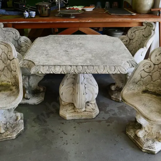 Victorian style concrete pedestal outdoor table with 4 matching ornate chairs H-740 W-990 D-990