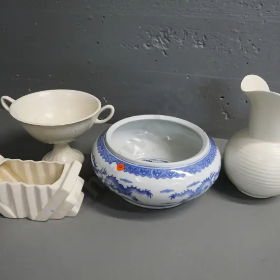 3 white English vases - Beswick, Crown Devon, Shorter - and a Chinese blue & white bowl D-270