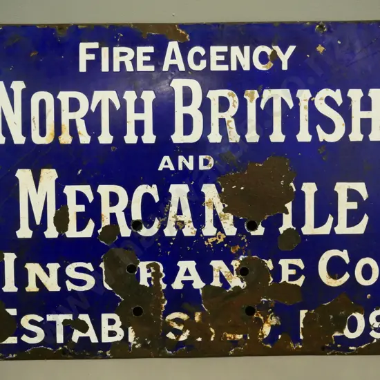 enamel and metal sign - North British & Mercantile Insurance Co - corrosion and large chipped areas H460 W520