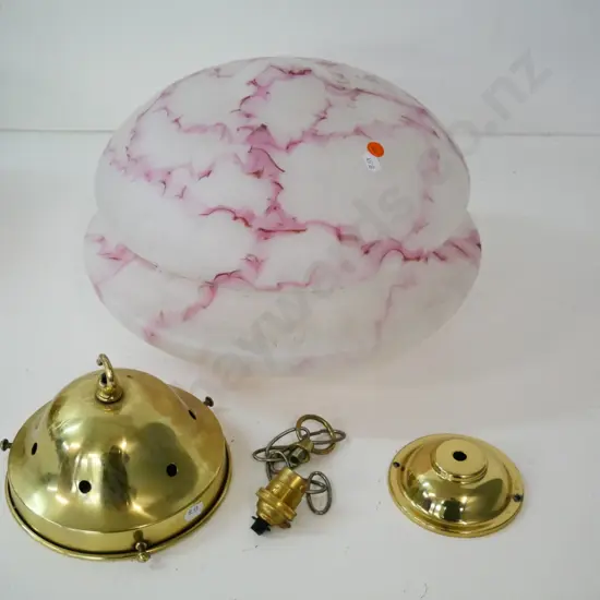 large deco frosted white ceiling light shade with pink marbled decoration, brass journal, fitting and chain H-250 D-350