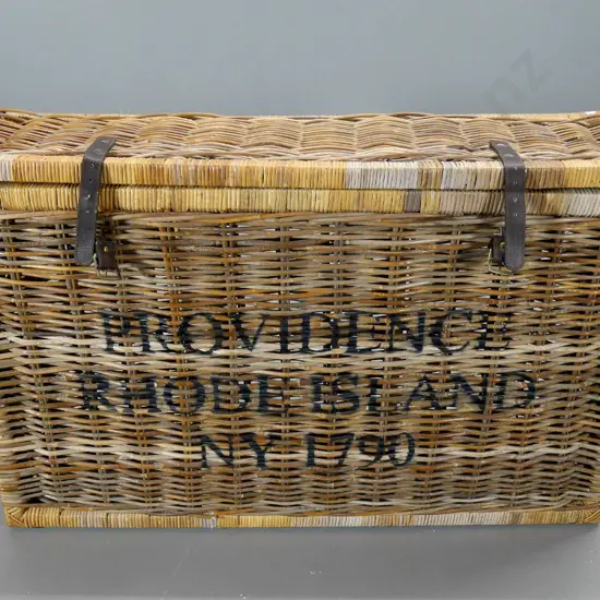 reproduction narrow cane hamper with leather straps H-690 W-1150 D-300