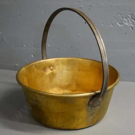 vintage brass jam pan H-320 with handle up W-350