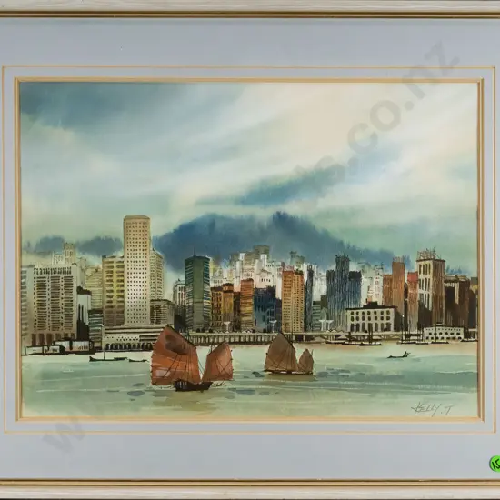 Kelly T - framed watercolour - boats and city scape H-2900 W-390